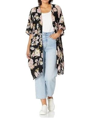 Angie Black Floral Duster Kimono with Pink & Cream Blooms